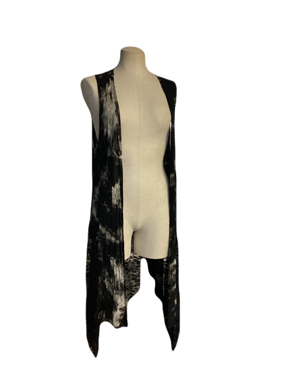 Sleeveless Long Drape Tie-Dye Vest - Black & Gray